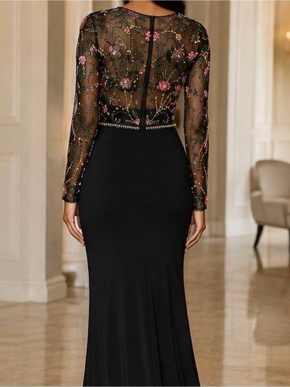 Mac Duggal 67870 Black Multi Floral Beaded Illusion Long Sleeve Trumpet Gown NWT - Picture 2 of 4
